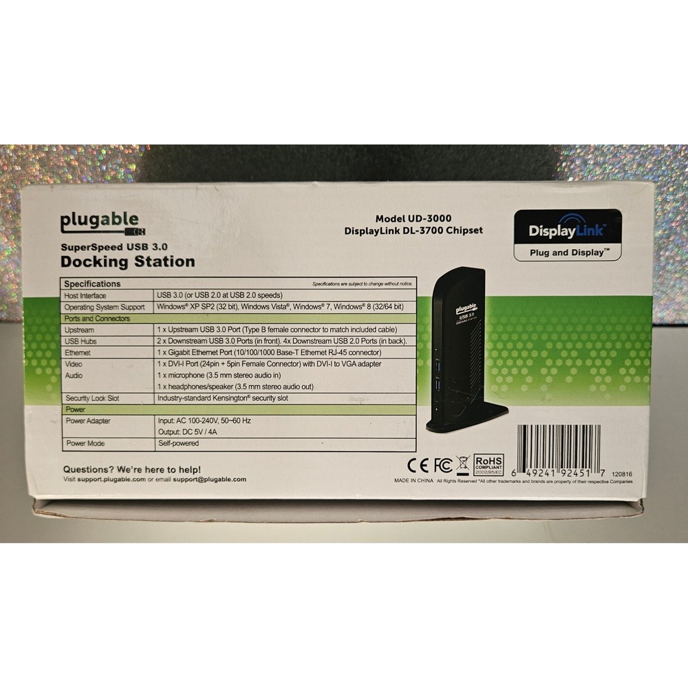 PLUGABLE UD-3000 SuperSpeed USB 3.0 Docking Station DisplayLink DL-3700 Black - Picture 6 of 6